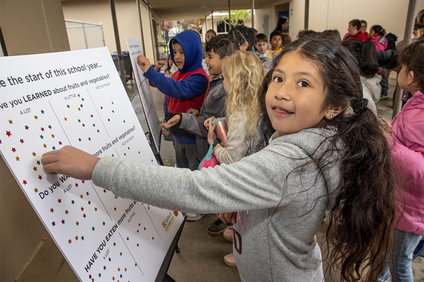 a student adds their sticker to the survey