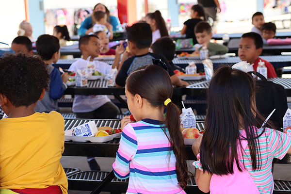 Students enjoy fresh orange slices