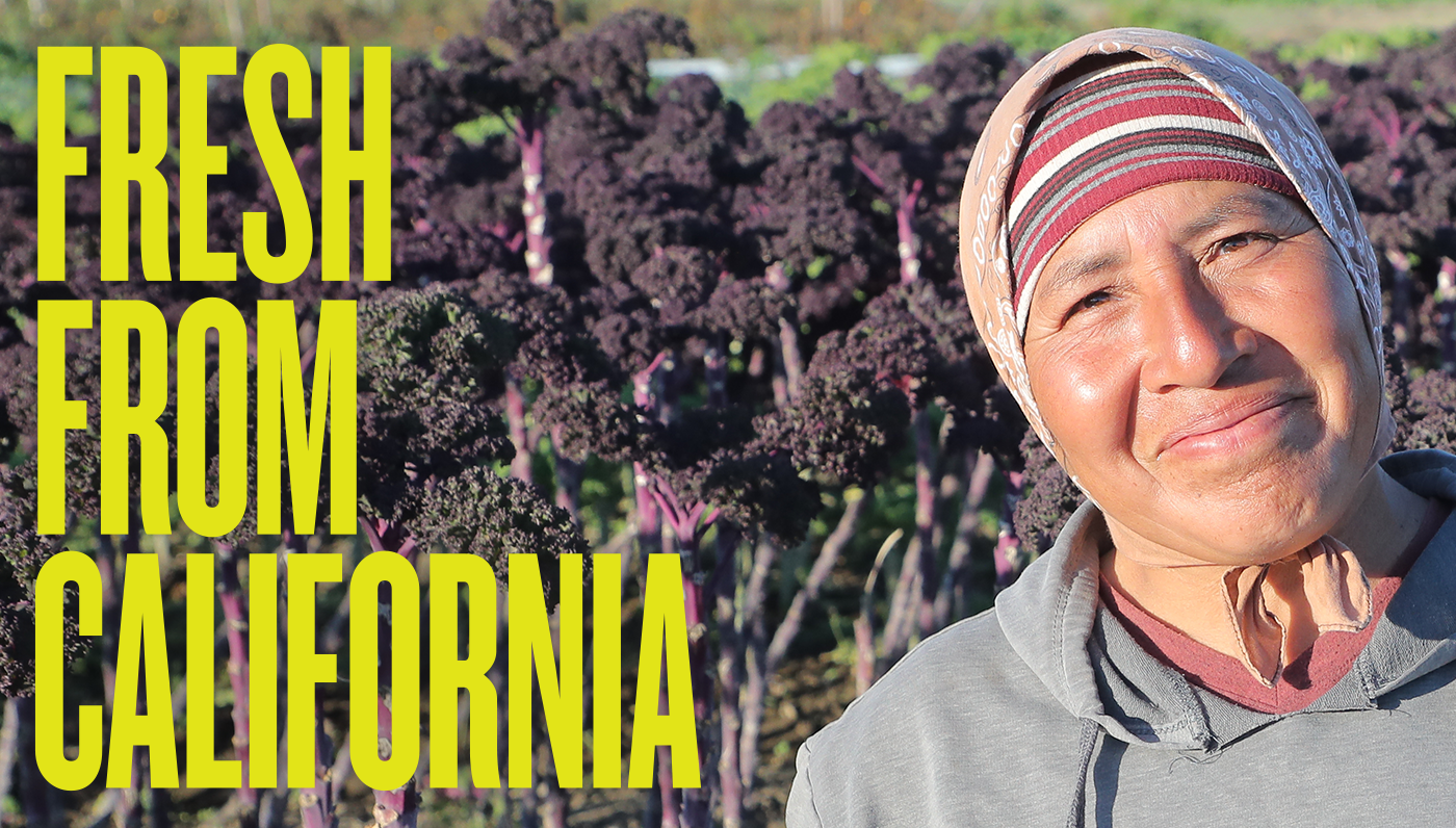 female farmer in field with fresh from california text